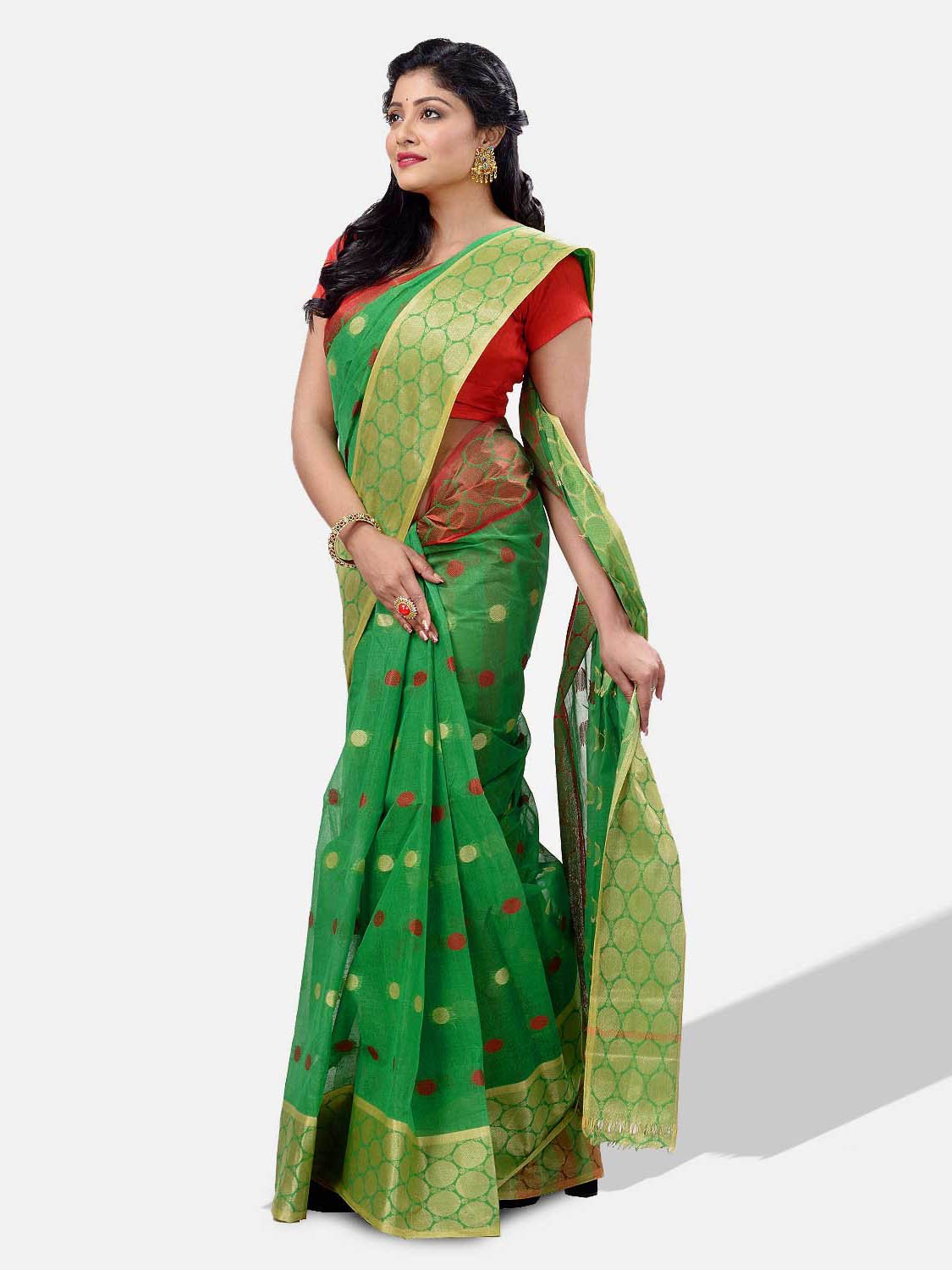 Pure Cotton – Traditional Bengali Tant Saree – Cotton and Jori Fancy Work –" Ganga Jamuna" Color Jori Work Border